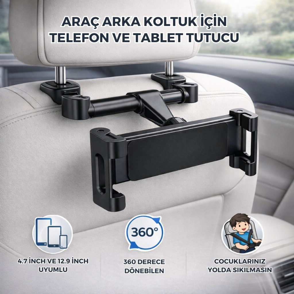 Polham 4.7 İnch ve 12.9 İnch Uyumlu Araç Arka Koltuk İçin Telefon ve Tablet Tutucu, 360 Derece Dönebilen Tablet Tutucu