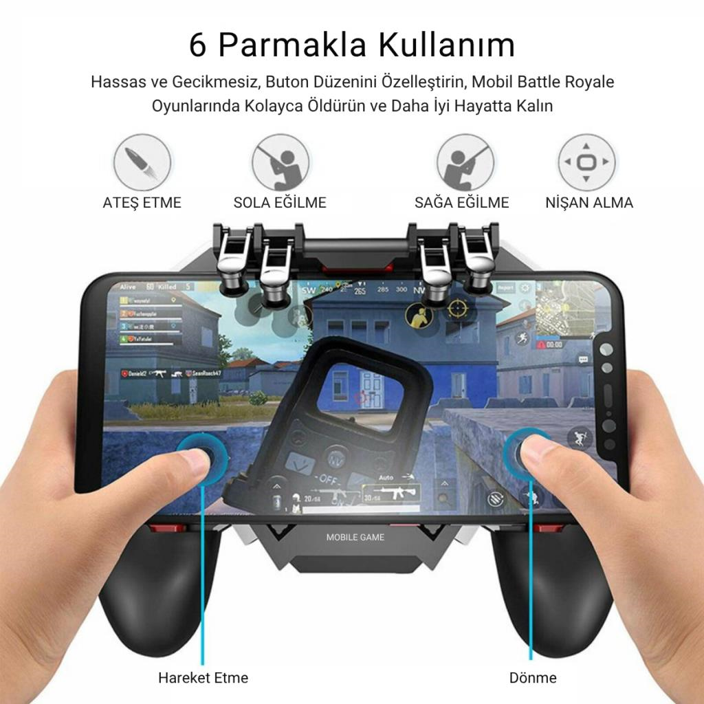 Polham 4000mAh Şarjlı Telefon Soğutucu ve Oyun Kolu, 6 Parmak Mobil Oyun Konsolu, Tüm Telefonlara Uyumlu