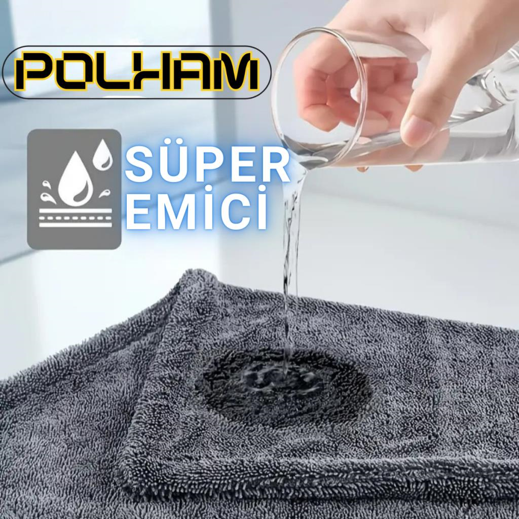 Polham 40x60CM 1200GSM Süper Su Emici Özellikli Mikrofiber Araç Kurulama Havlusu, Çizik ve İz Bırakmaz Bez