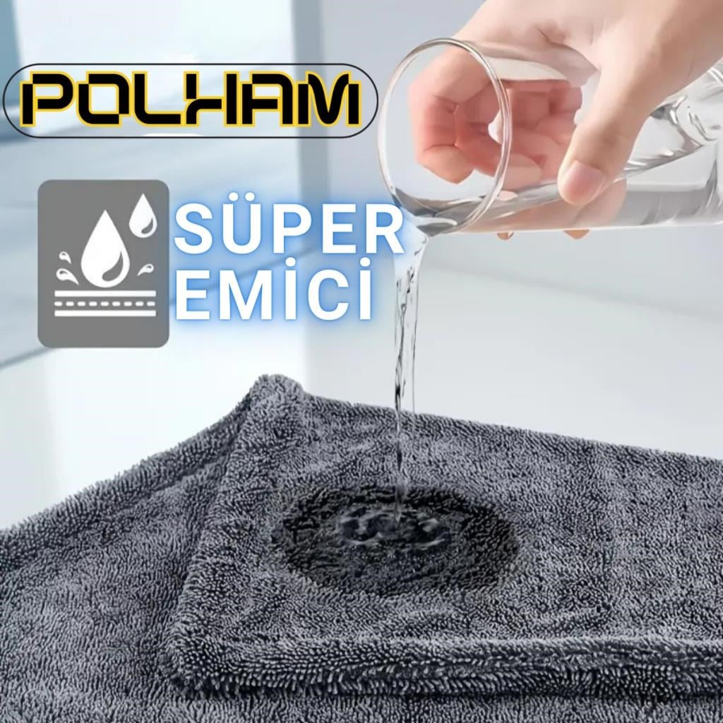 Polham 40x60CM 1200GSM Süper Su Emici Özellikli Mikrofiber Araç Kurulama Havlusu, Çizik ve İz Bırakmaz Bez