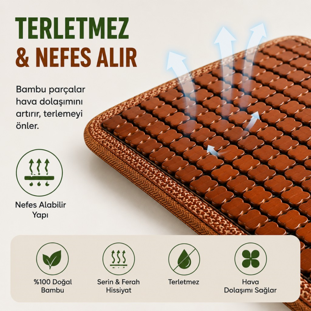 Polham 43x43 CM Terletmez Bambu Koltuk Minderi, Oto Koltuk, Ofis Koltuğu İçin Terlezmez Yapışmaz Minder