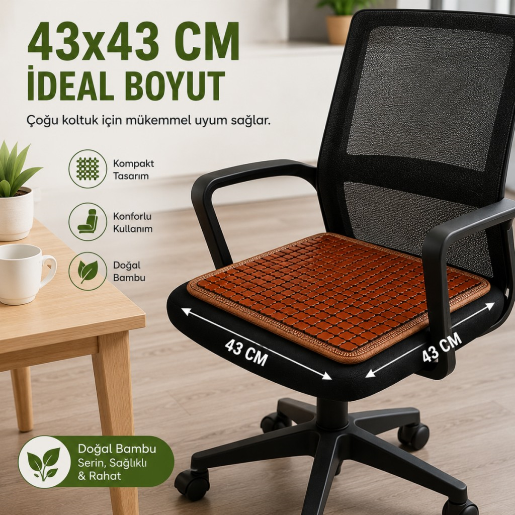Polham 43x43 CM Terletmez Bambu Koltuk Minderi, Oto Koltuk, Ofis Koltuğu İçin Terlezmez Yapışmaz Minder