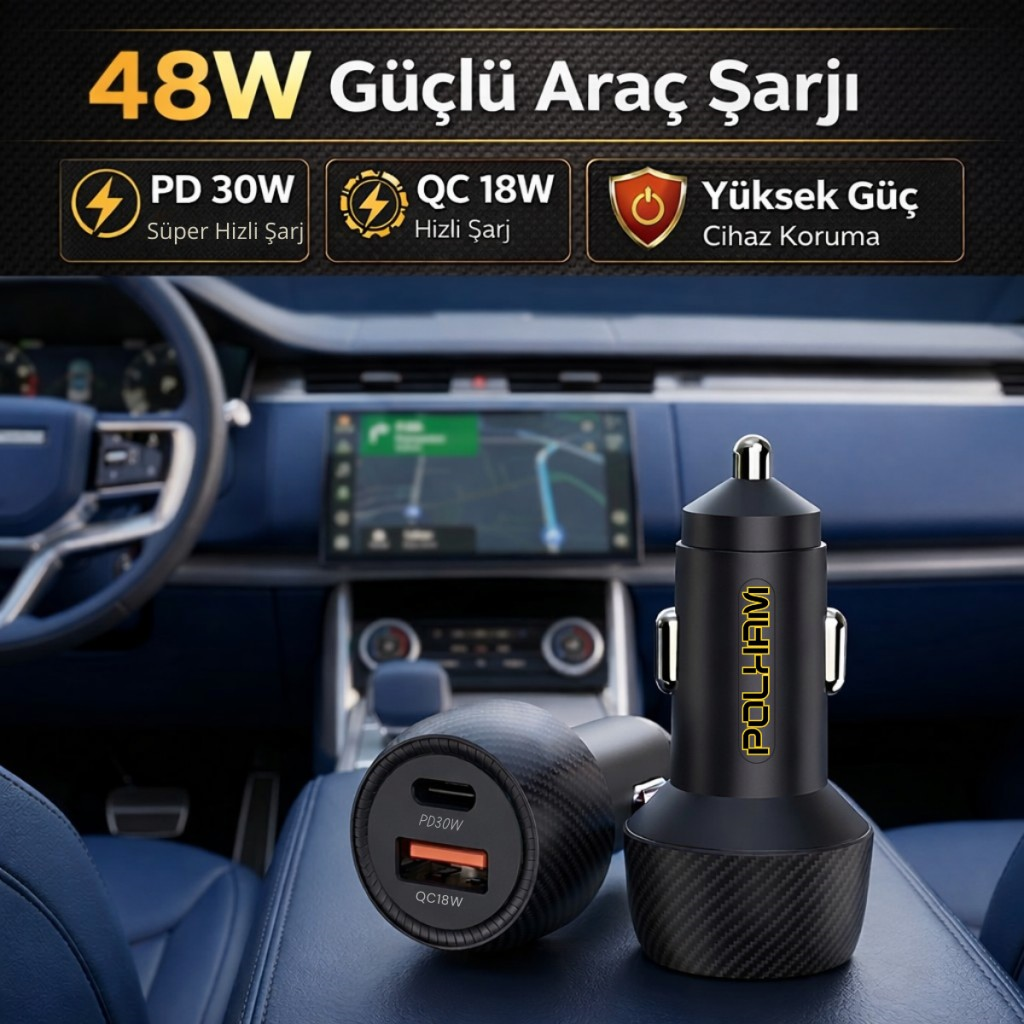 Polham 48W Süper Hızlı Type C ve USB Girişli Araç İçi Şarj Cihazı, PD 30W + QC 18W Çift Port 12V/24V