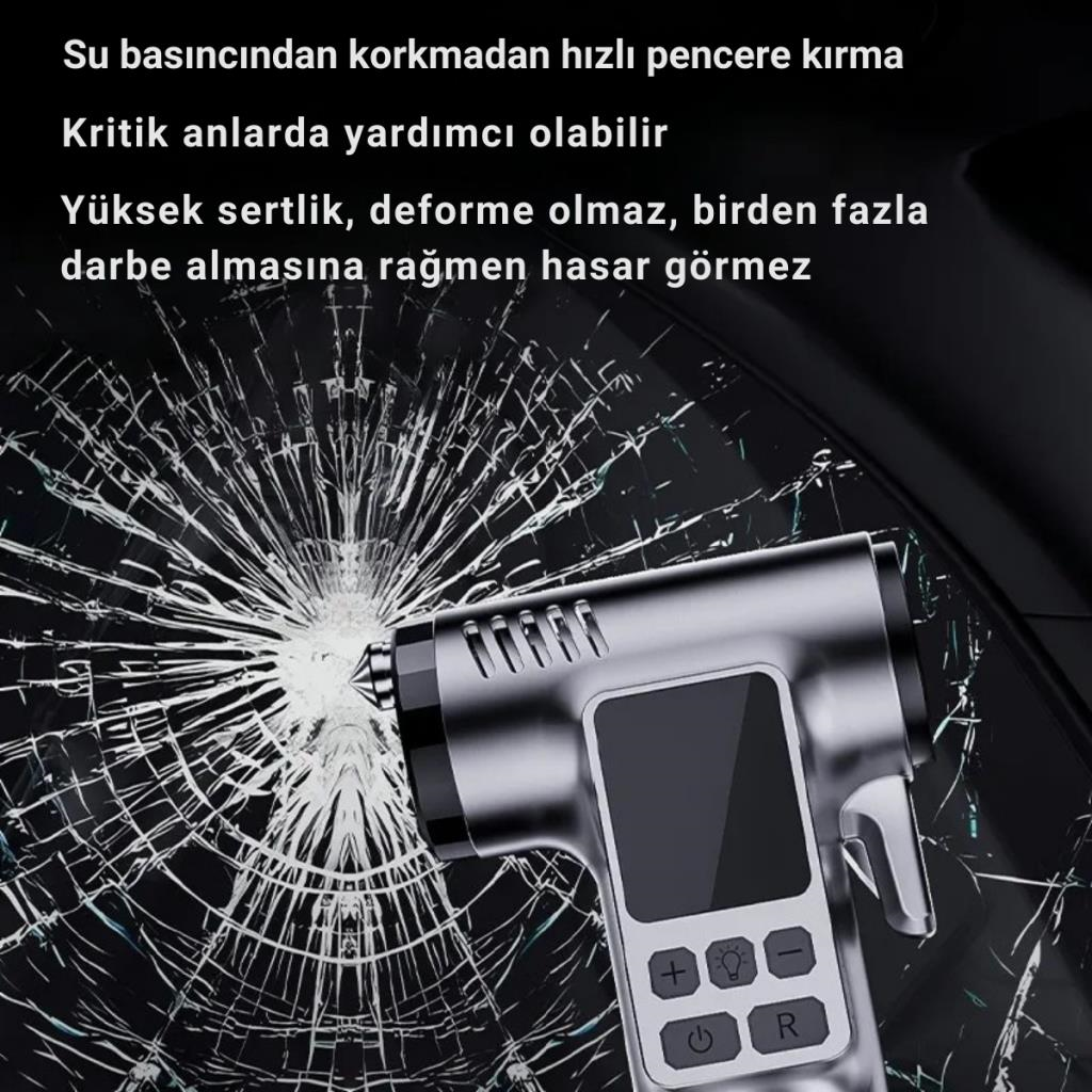 Polham 4in1 150PSİ 4000mAh Şarjlı Araç Lastik Şişirme Pompası, Cam Kırıcı, Kemer Kesici, Led Işıklı,Şarjlı Pompa