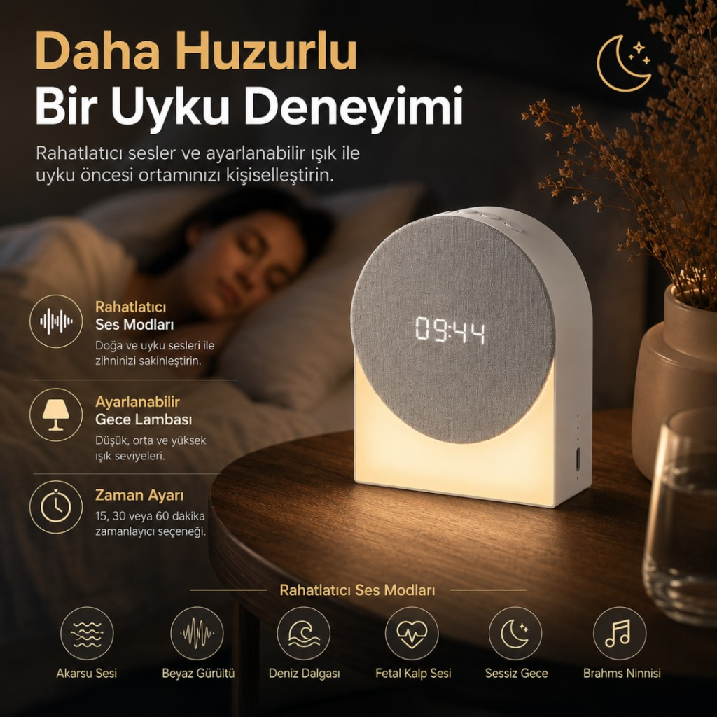 Polham 4in1 Arada Bluetooth Uyku Hoparlörü – Gece Lambası, Dijital Saat, Alarm ve Rahatlatıcı Uyku Sesleri