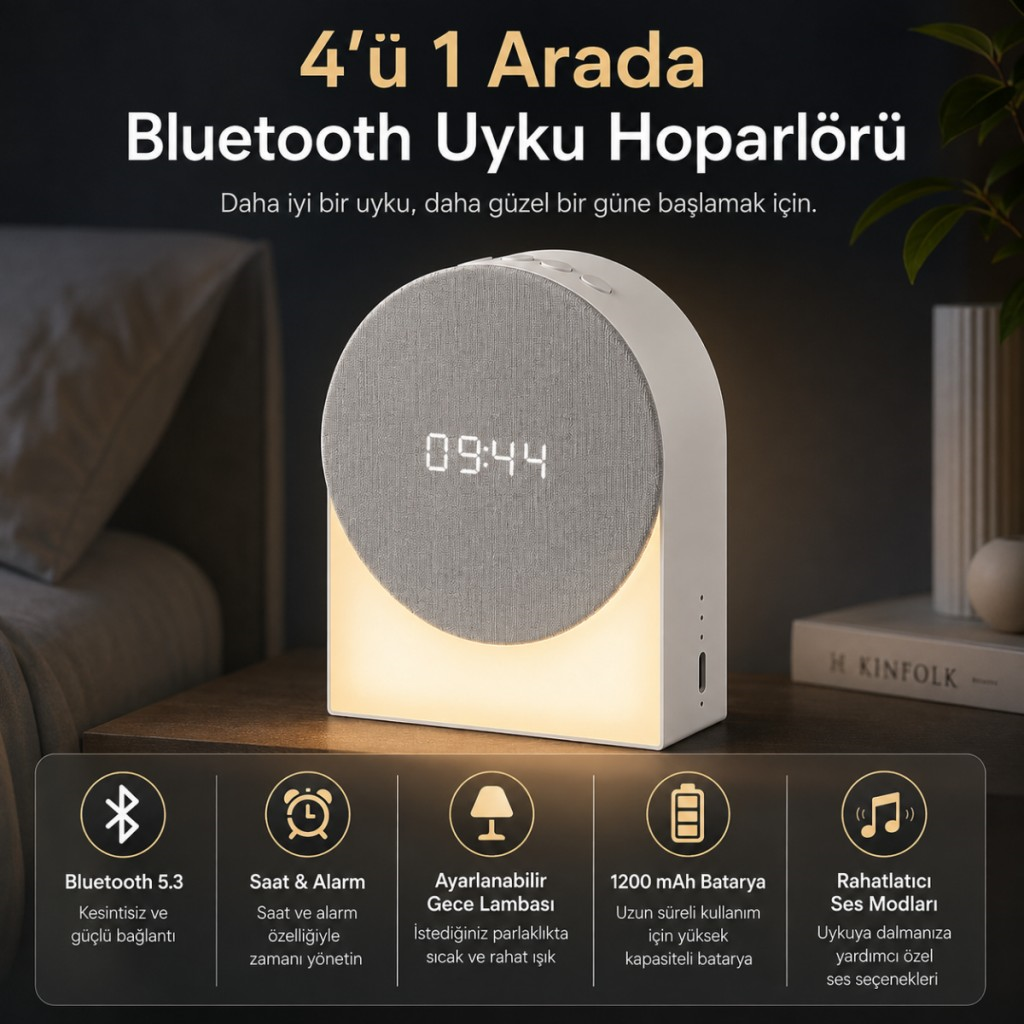 Polham 4in1 Arada Bluetooth Uyku Hoparlörü – Gece Lambası, Dijital Saat, Alarm ve Rahatlatıcı Uyku Sesleri