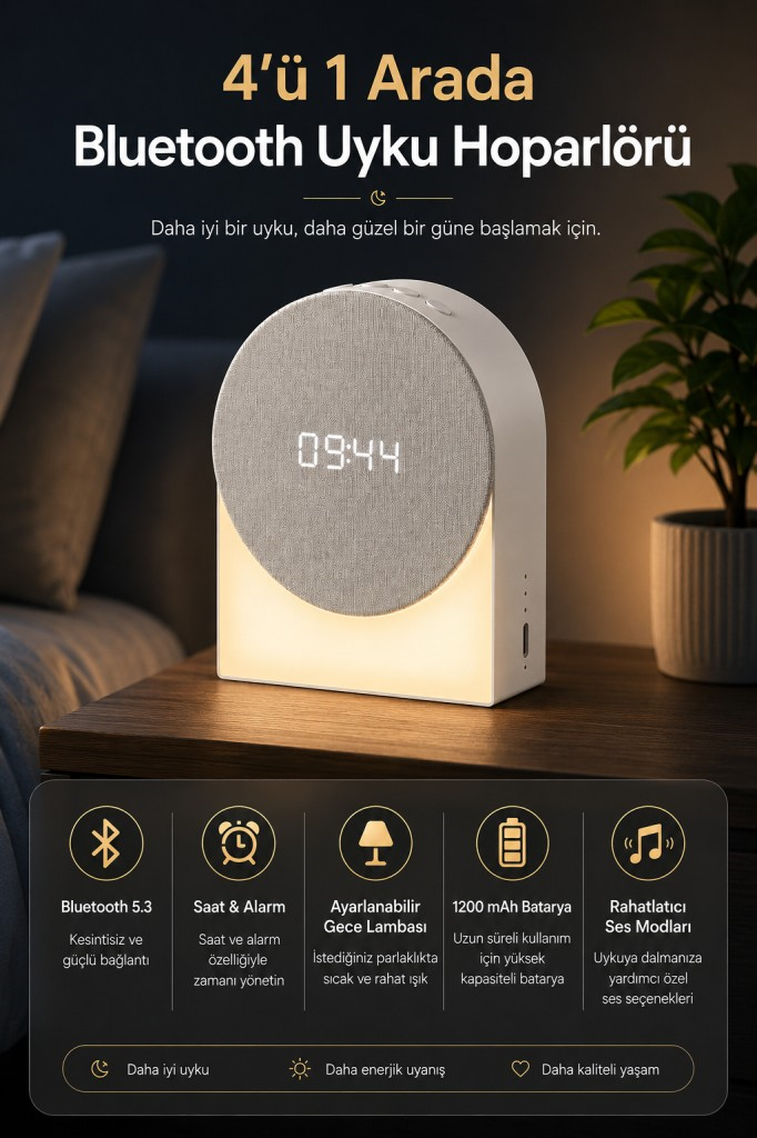 Polham 4in1 Arada Bluetooth Uyku Hoparlörü – Gece Lambası, Dijital Saat, Alarm ve Rahatlatıcı Uyku Sesleri