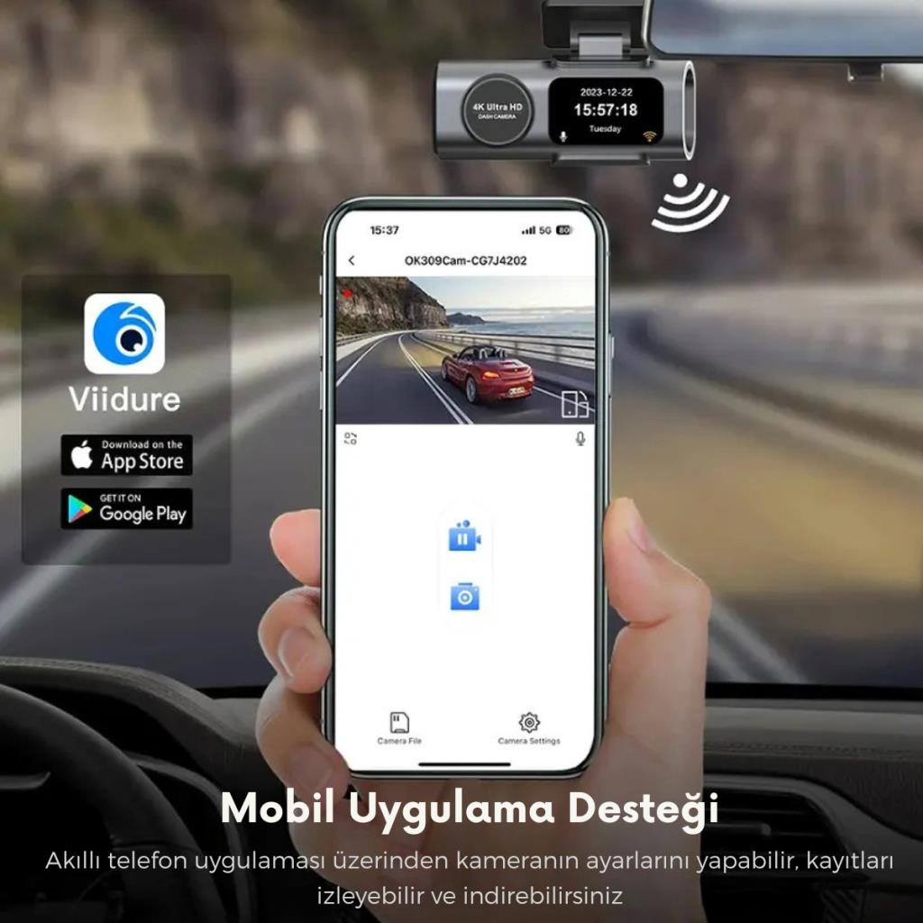 Polham 4K Ön ve Arka Kameralı Araç Kamerası, Wifi, Dahili GPS, G Sensörlü,Gece Görüşlü Araç Kamerası