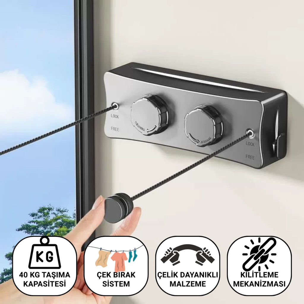Polham 5.1 Metre Uzayabilir Çift Halatlı Çelik Dayanıklı Çek-Bırak Çamaşır İpi, 40 KG Taşıma Kapasiteli