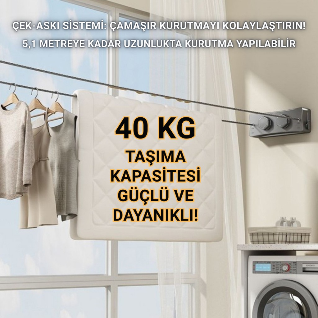 Polham 5.1 Metre Uzayabilir Çift Halatlı Çelik Dayanıklı Çek-Bırak Çamaşır İpi, 40 KG Taşıma Kapasiteli