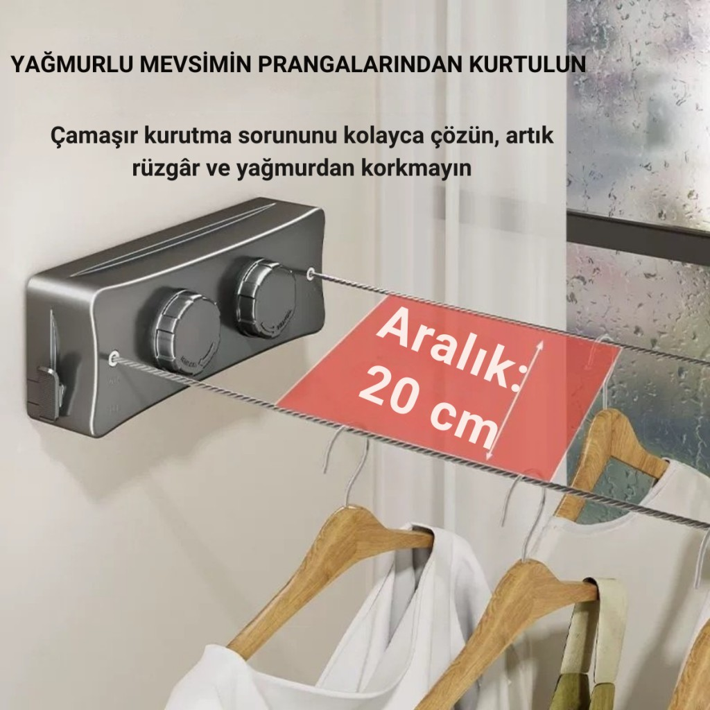 Polham 5.1 Metre Uzayabilir Çift Halatlı Çelik Dayanıklı Çek-Bırak Çamaşır İpi, 40 KG Taşıma Kapasiteli