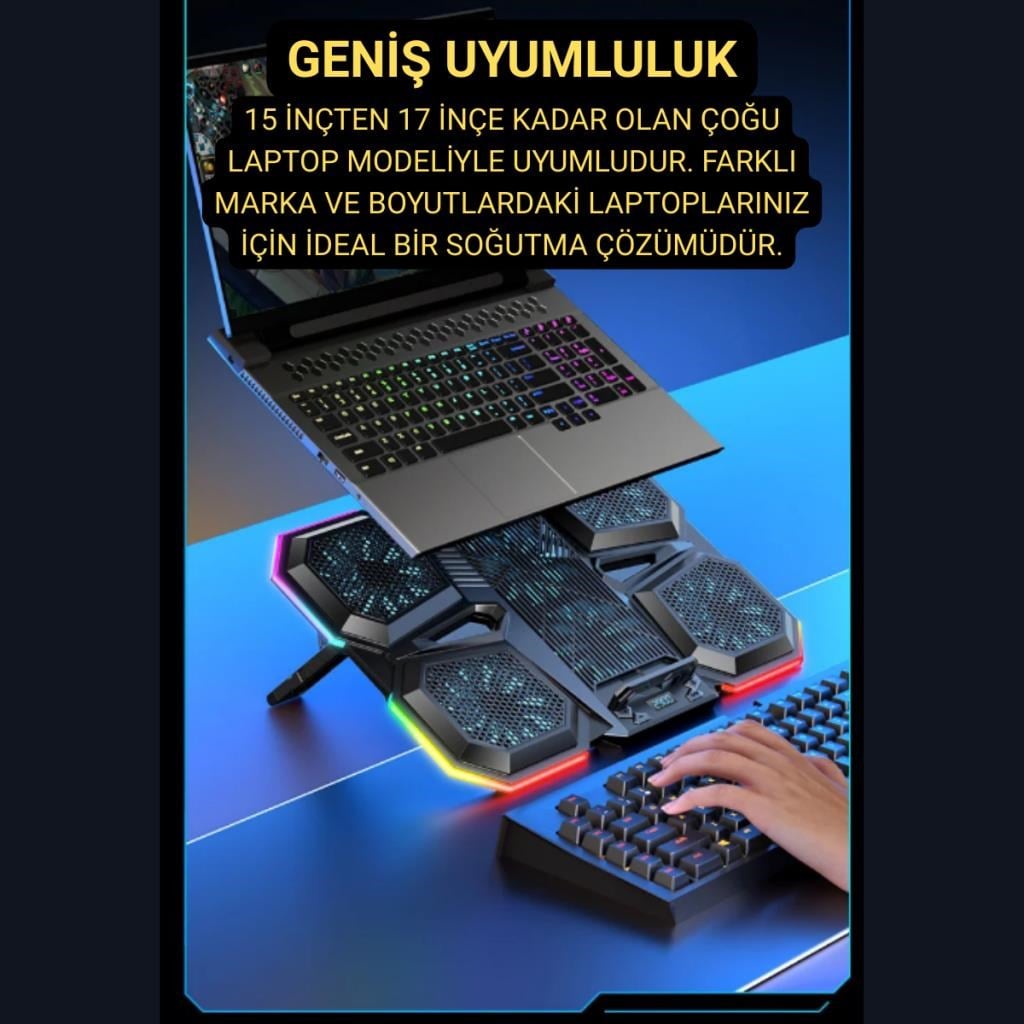 Polham 6 Fanlı RGB Işıklı Laptop Soğutucu Stand, 7 Kademeli Yükseklik Ayarlı 2400RPM Süper Soğutucu Stand