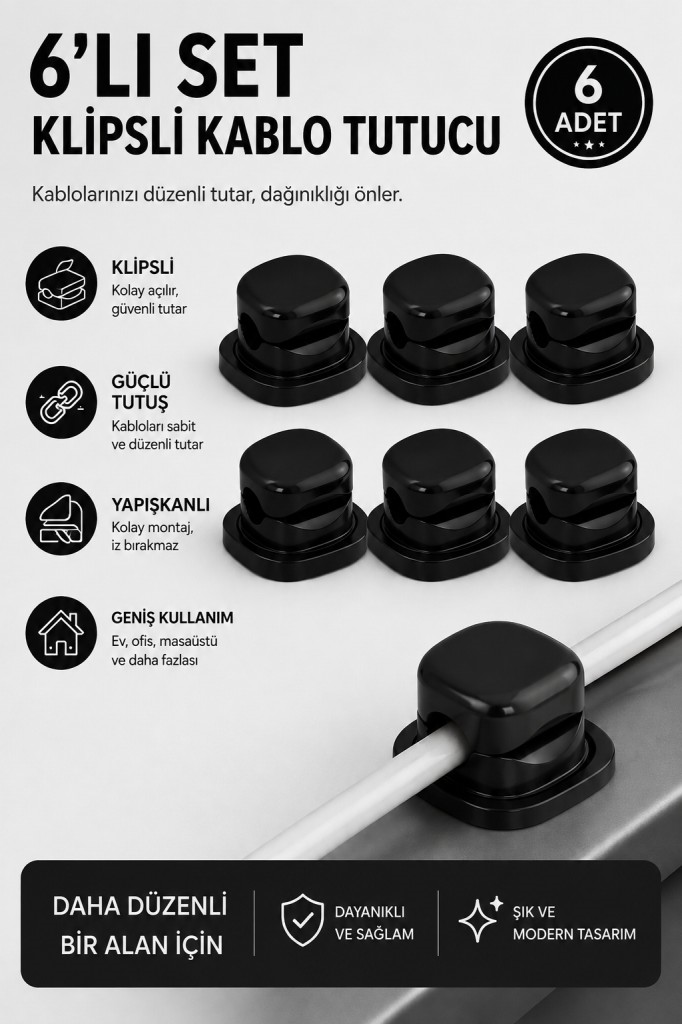 Polham 6’lı Set Klipsli Kablo Tutucu – Yapışkanlı Masaüstü Kablo Düzenleyici, Şarj USB Mouse Kulaklık Kablo Sabitleyici
