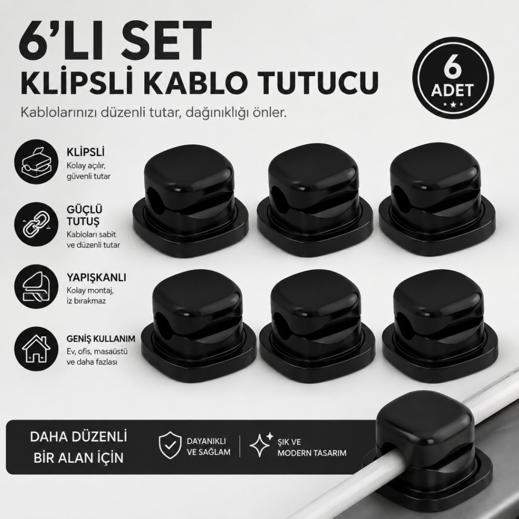 Polham 6’lı Set Klipsli Kablo Tutucu – Yapışkanlı Masaüstü Kablo Düzenleyici, Şarj USB Mouse Kulaklık Kablo Sabitleyici