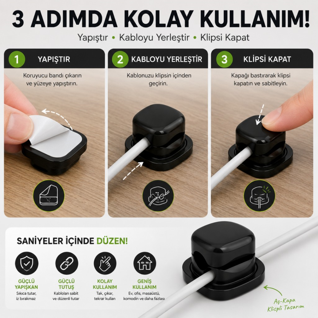 Polham 6’lı Set Klipsli Kablo Tutucu – Yapışkanlı Masaüstü Kablo Düzenleyici, Şarj USB Mouse Kulaklık Kablo Sabitleyici