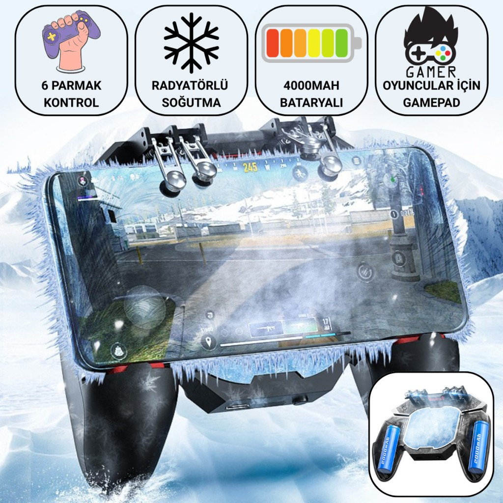 Polham 6 Parmak Kontrollü Radyatörlü Soğutmalı 4000mAh Bataryalı Profesyonel Oyun Gamepadi – PUBG, COD, Free Fire ve Tüm Mobil Oyunlar İçin