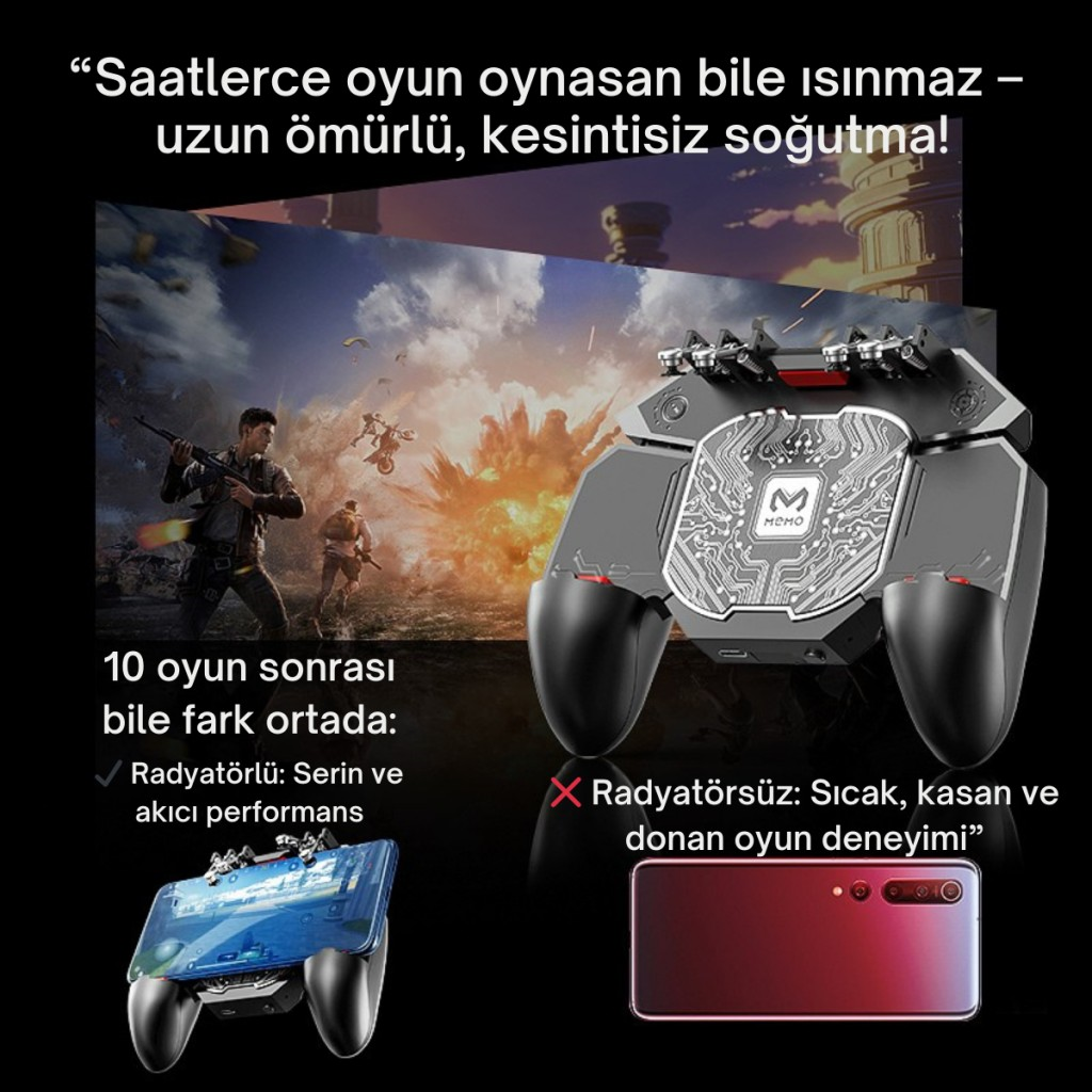Polham 6 Parmak Kontrollü Radyatörlü Soğutmalı 4000mAh Bataryalı Profesyonel Oyun Gamepadi – PUBG, COD, Free Fire ve Tüm Mobil Oyunlar İçin