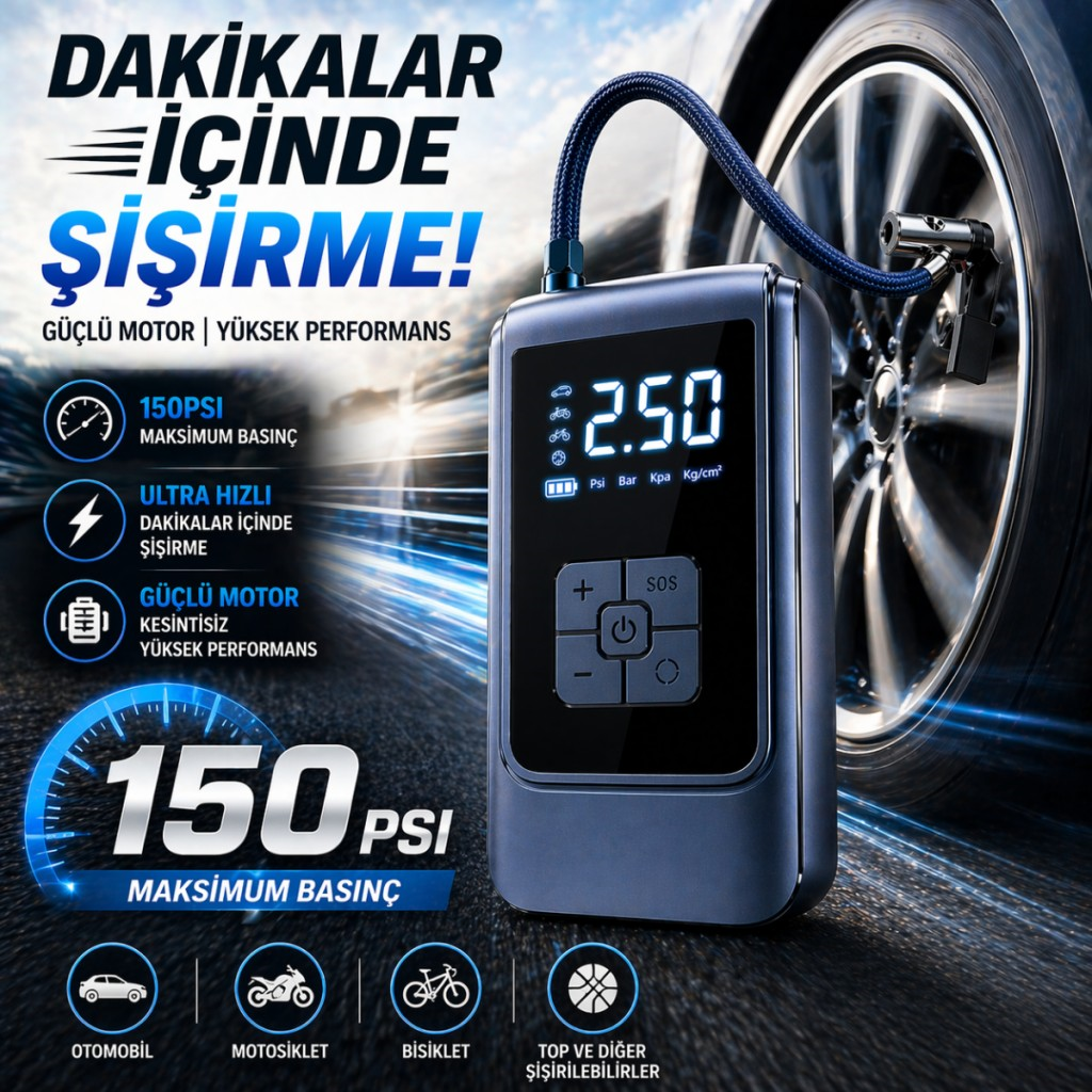 Polham 6000mAh Şarjlı 150PSİ Ultra Hızlı Lastik Şişirme Hava Kompresörü,Araç, Motosiklet, Bisiklet Pompası