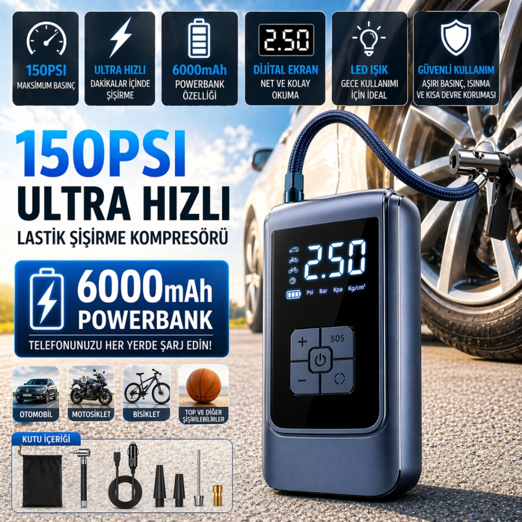 Polham 6000mAh Şarjlı 150PSİ Ultra Hızlı Lastik Şişirme Hava Kompresörü,Araç, Motosiklet, Bisiklet Pompası