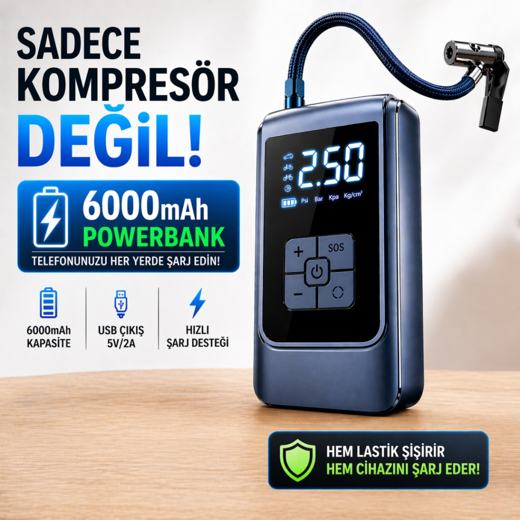 Polham 6000mAh Şarjlı 150PSİ Ultra Hızlı Lastik Şişirme Hava Kompresörü,Araç, Motosiklet, Bisiklet Pompası