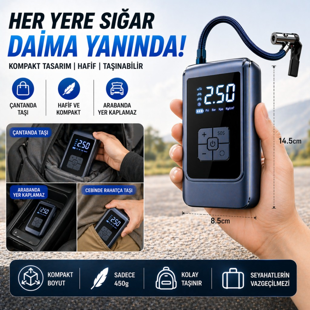 Polham 6000mAh Şarjlı 150PSİ Ultra Hızlı Lastik Şişirme Hava Kompresörü,Araç, Motosiklet, Bisiklet Pompası