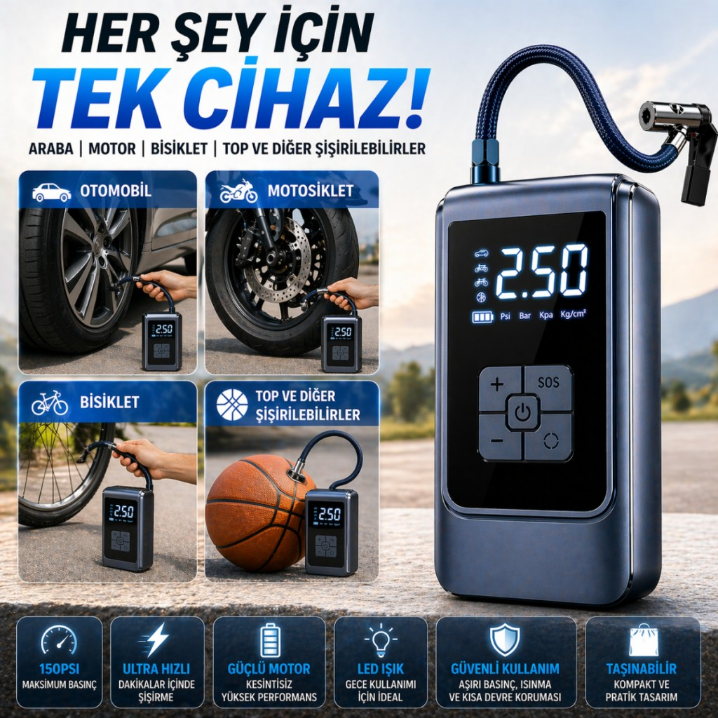Polham 6000mAh Şarjlı 150PSİ Ultra Hızlı Lastik Şişirme Hava Kompresörü,Araç, Motosiklet, Bisiklet Pompası
