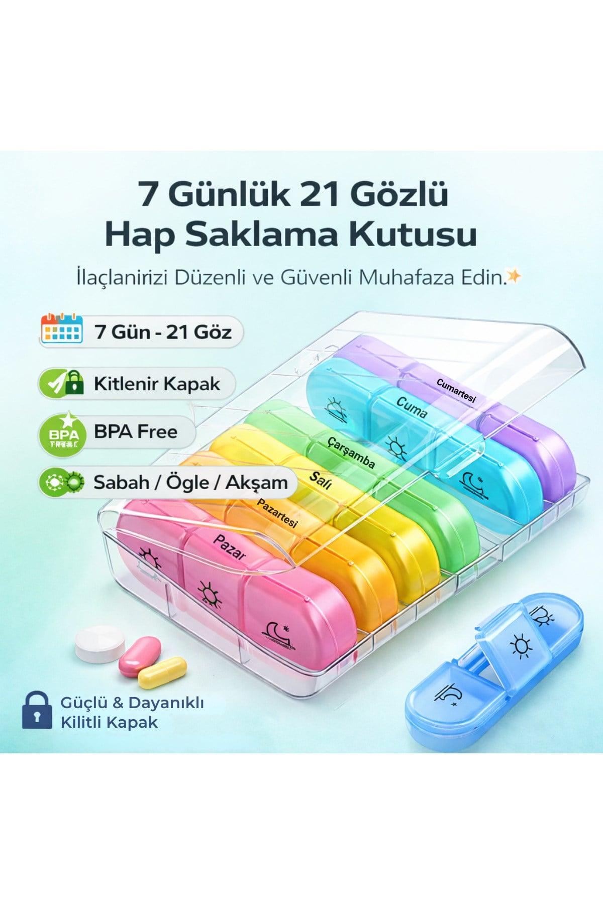 Polham 7 Günlük 21 Gözlü Haftalık İlaç, Hap Saklama Kutusu, Kitlenir Kapaklı, BPA İçermez Saklama Kutusu