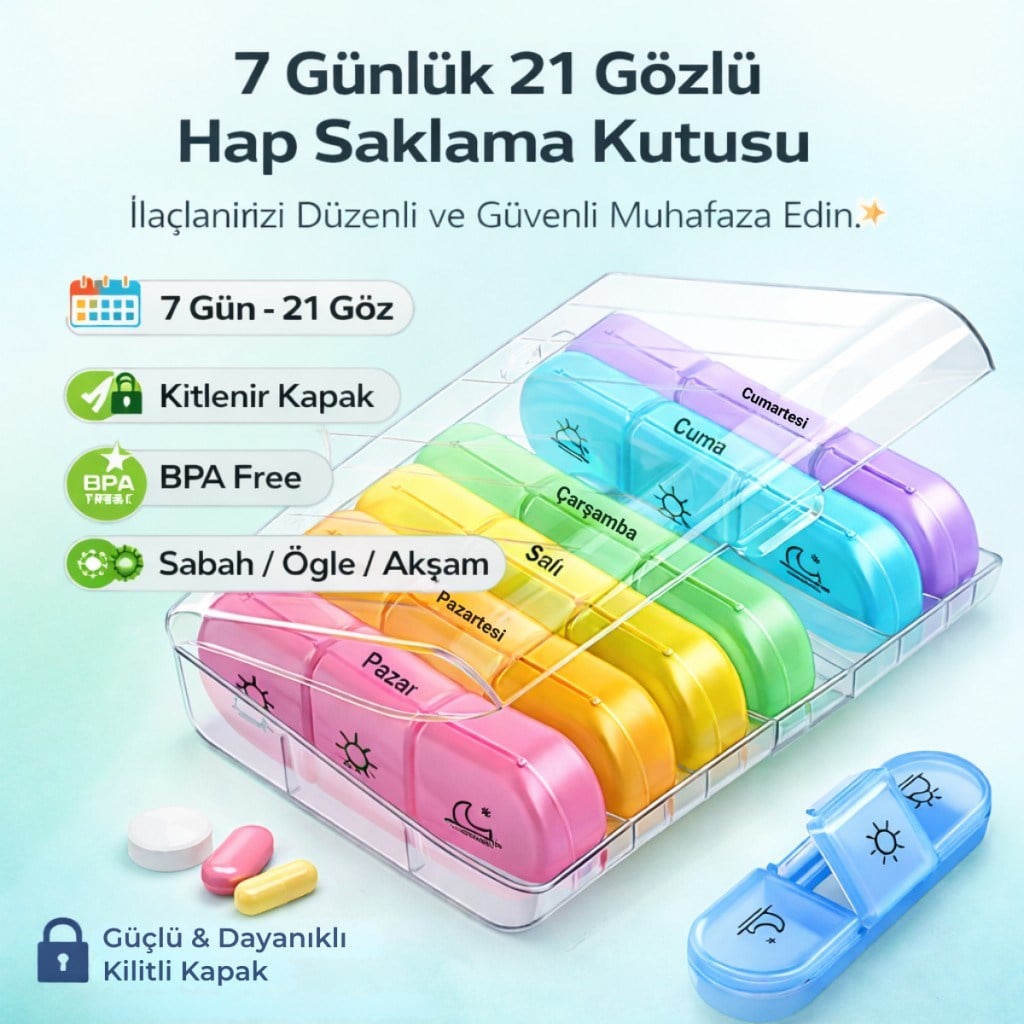 Polham 7 Günlük 21 Gözlü Haftalık İlaç, Hap Saklama Kutusu, Kitlenir Kapaklı, BPA İçermez Saklama Kutusu