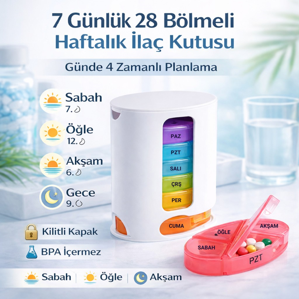 Polham 7 Günlük 28 Bölmeli Haftalık İlaç Kutusu – Kilitli Kapak, BPA İçermez, Günde 4 Zamanlı İlaç ve Takviye Düzenleyici