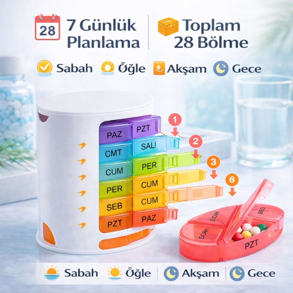 Polham 7 Günlük 28 Bölmeli Haftalık İlaç Kutusu – Kilitli Kapak, BPA İçermez, Günde 4 Zamanlı İlaç ve Takviye Düzenleyici