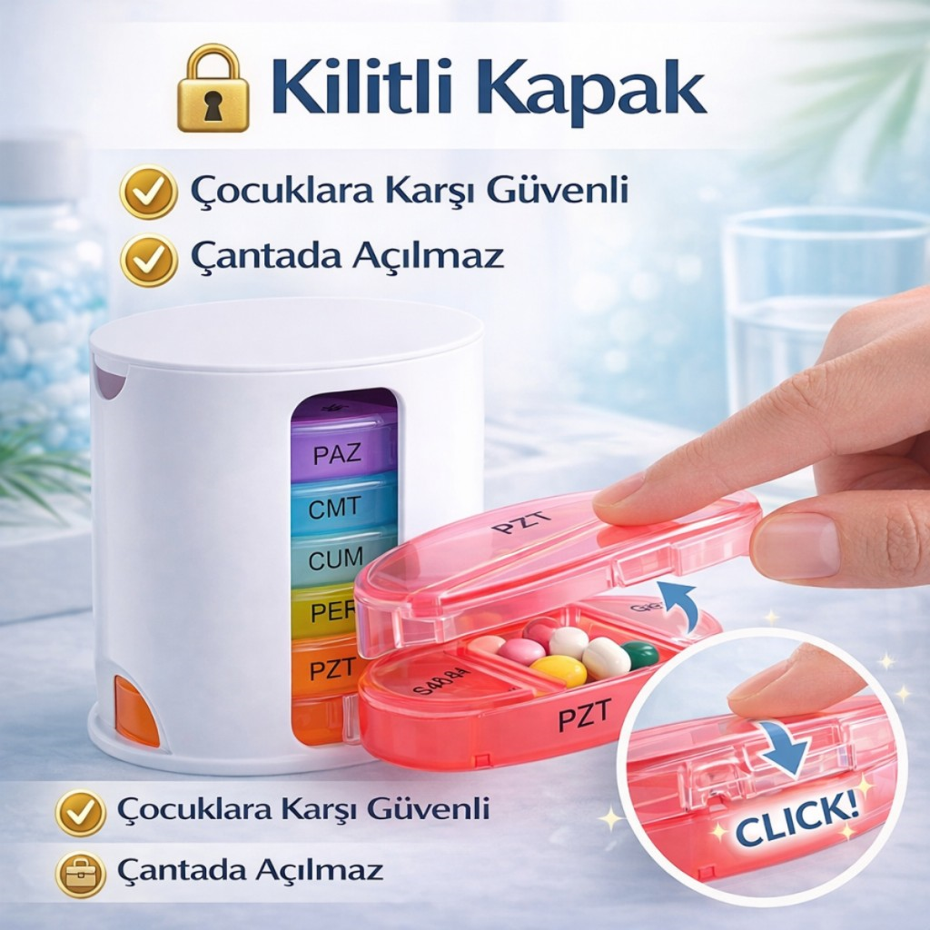 Polham 7 Günlük 28 Bölmeli Haftalık İlaç Kutusu – Kilitli Kapak, BPA İçermez, Günde 4 Zamanlı İlaç ve Takviye Düzenleyici