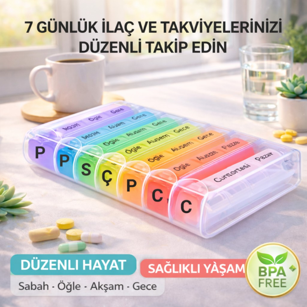 Polham 7 Günlük 28 Bölmeli Kilitli İlaç ve Takviye Kutusu l Yaylı Kutulu l BPA İçermez l Haftalık İlaç Kutusu