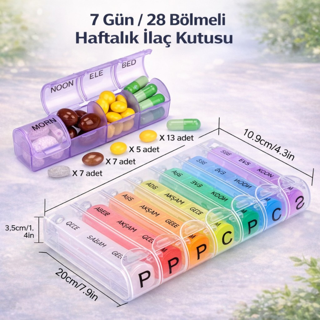 Polham 7 Günlük 28 Bölmeli Kilitli İlaç ve Takviye Kutusu l Yaylı Kutulu l BPA İçermez l Haftalık İlaç Kutusu