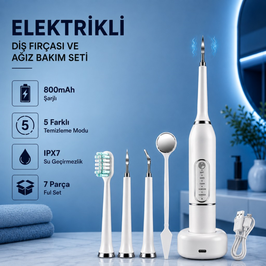 POLHAM 7 Parça Elektrikli Diş Fırçası ve Ağız Bakım Seti – 5 Modlu, 800mAh Şarjlı, IPX7 Su Geçirmez