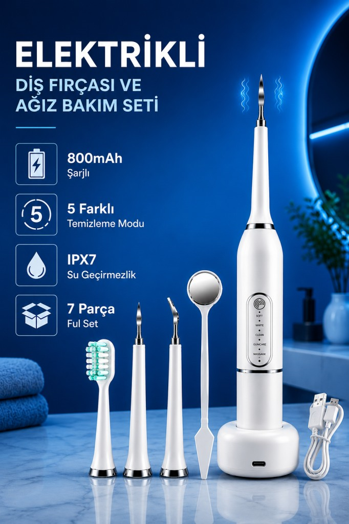 POLHAM 7 Parça Elektrikli Diş Fırçası ve Ağız Bakım Seti – 5 Modlu, 800mAh Şarjlı, IPX7 Su Geçirmez