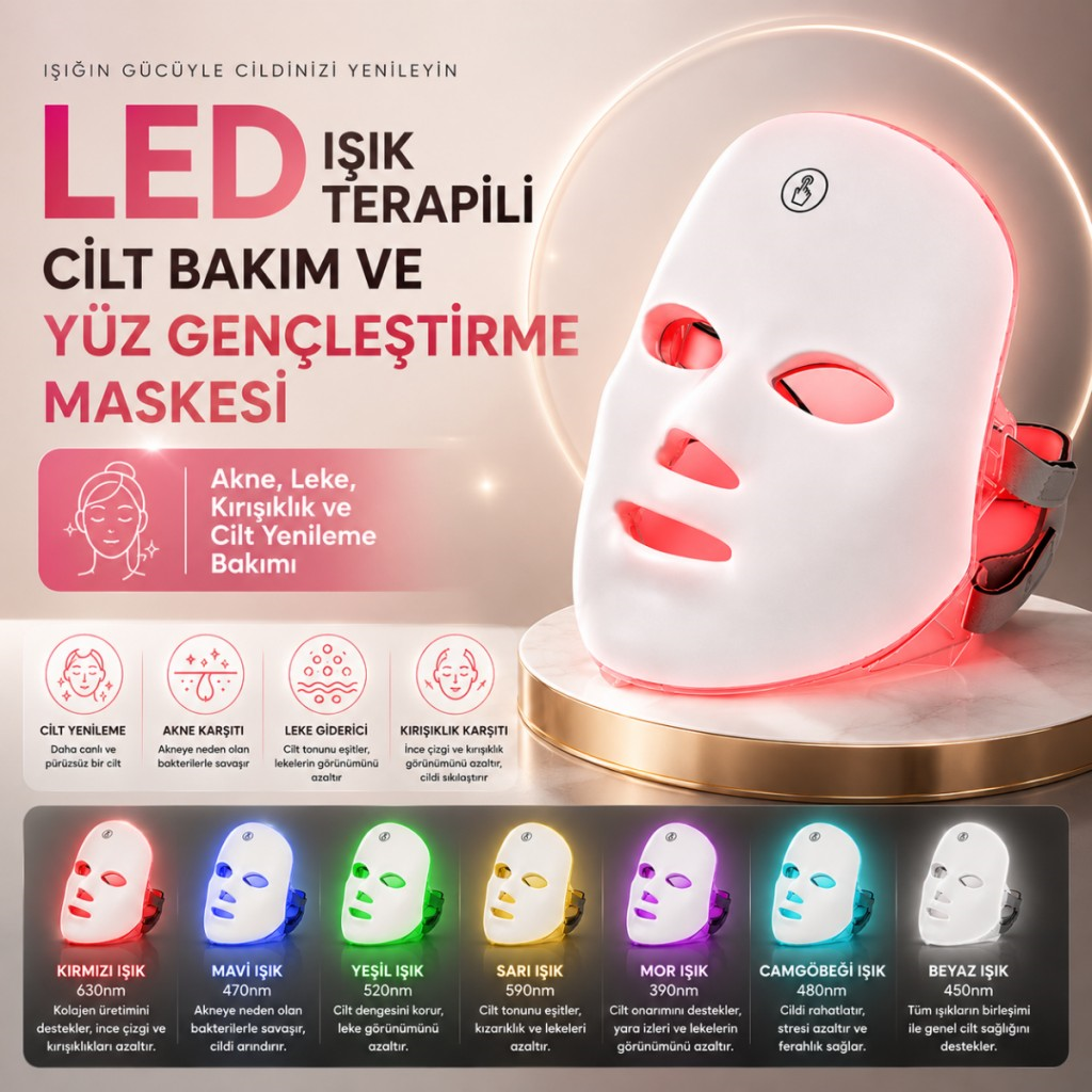 Polham 7 Renk LED Işık Terapili Cilt Bakım ve Yüz Gençleştirme Maskesi – Akne, Leke ve Kırışıklık Bakımı