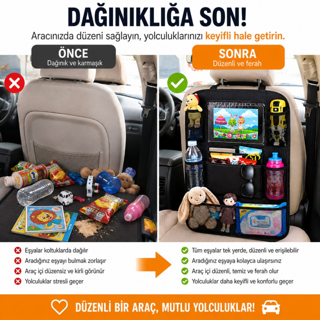 Polham 8 Bölmeli Araç Koltuk Arkası Organizer Tablet Bölmeli Fileli Oto Koltuk Arkası Eşya Düzenleyici