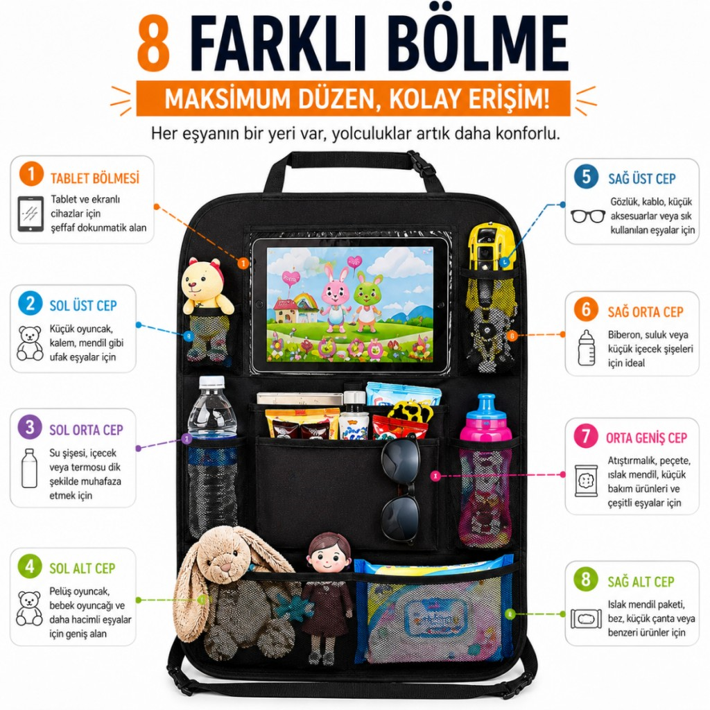 Polham 8 Bölmeli Araç Koltuk Arkası Organizer Tablet Bölmeli Fileli Oto Koltuk Arkası Eşya Düzenleyici