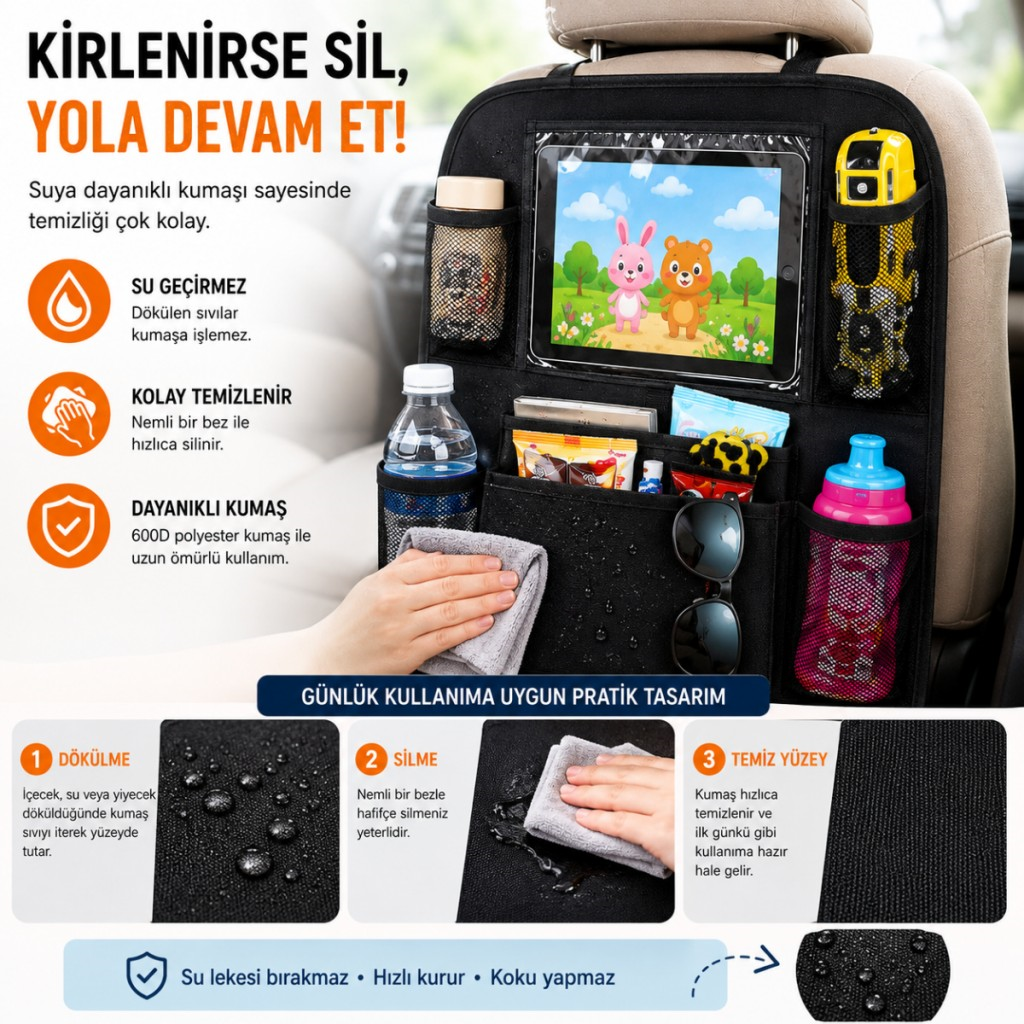 Polham 8 Bölmeli Araç Koltuk Arkası Organizer Tablet Bölmeli Fileli Oto Koltuk Arkası Eşya Düzenleyici