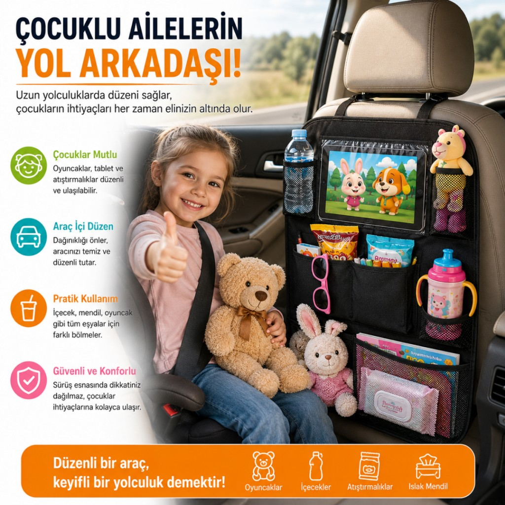 Polham 8 Bölmeli Araç Koltuk Arkası Organizer Tablet Bölmeli Fileli Oto Koltuk Arkası Eşya Düzenleyici