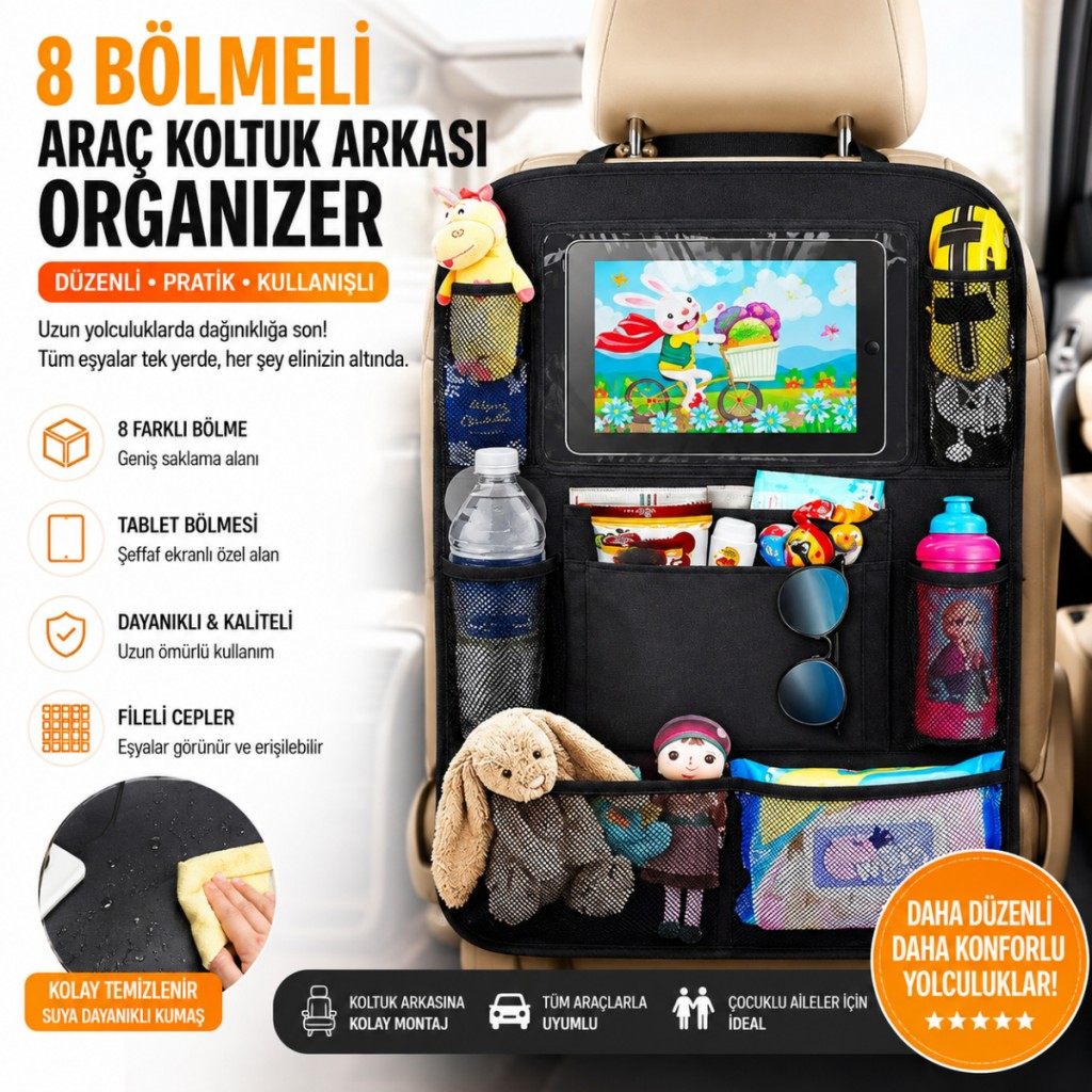Polham 8 Bölmeli Araç Koltuk Arkası Organizer Tablet Bölmeli Fileli Oto Koltuk Arkası Eşya Düzenleyici