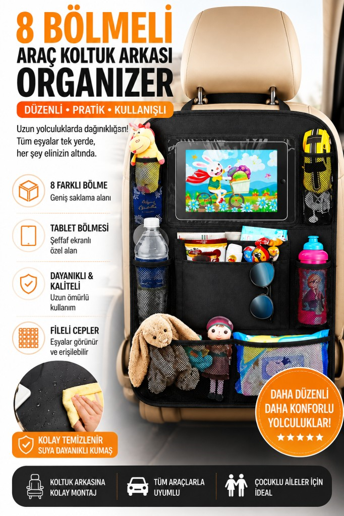 Polham 8 Bölmeli Araç Koltuk Arkası Organizer Tablet Bölmeli Fileli Oto Koltuk Arkası Eşya Düzenleyici