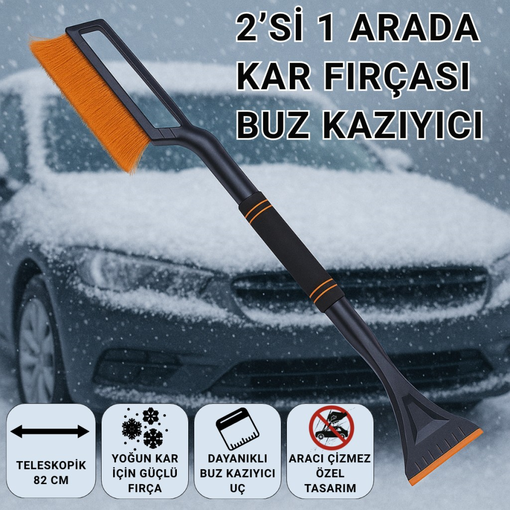 Polham 82CM Uzayabilen Teleskopik Otomobil Buz Kazıyıcı Fırça, Araç Kar Temizleme Çekpası, Kar Küreyici