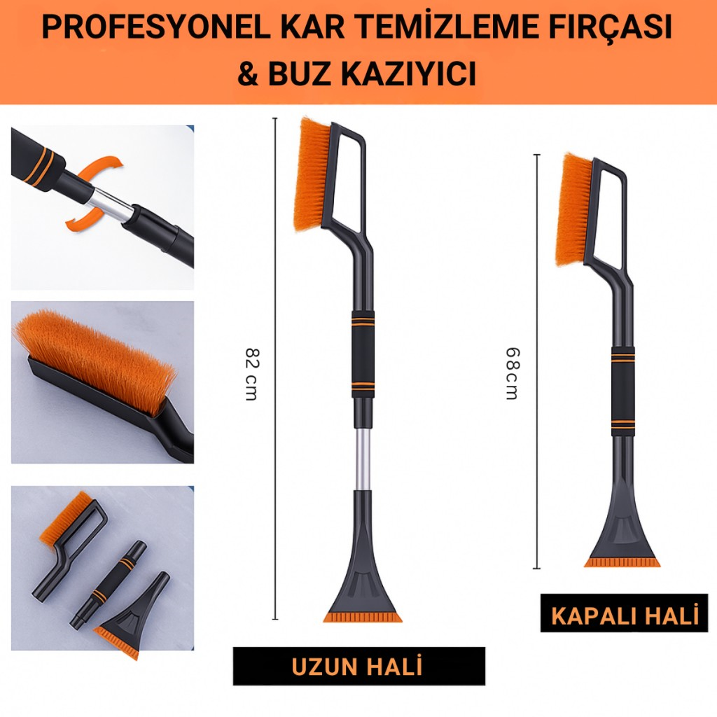 Polham 82CM Uzayabilen Teleskopik Otomobil Buz Kazıyıcı Fırça, Araç Kar Temizleme Çekpası, Kar Küreyici