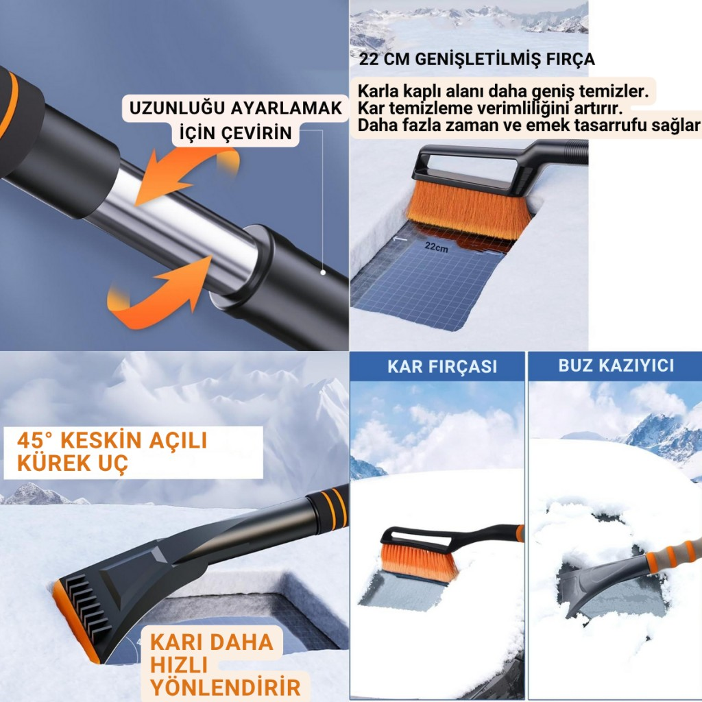 Polham 82CM Uzayabilen Teleskopik Otomobil Buz Kazıyıcı Fırça, Araç Kar Temizleme Çekpası, Kar Küreyici
