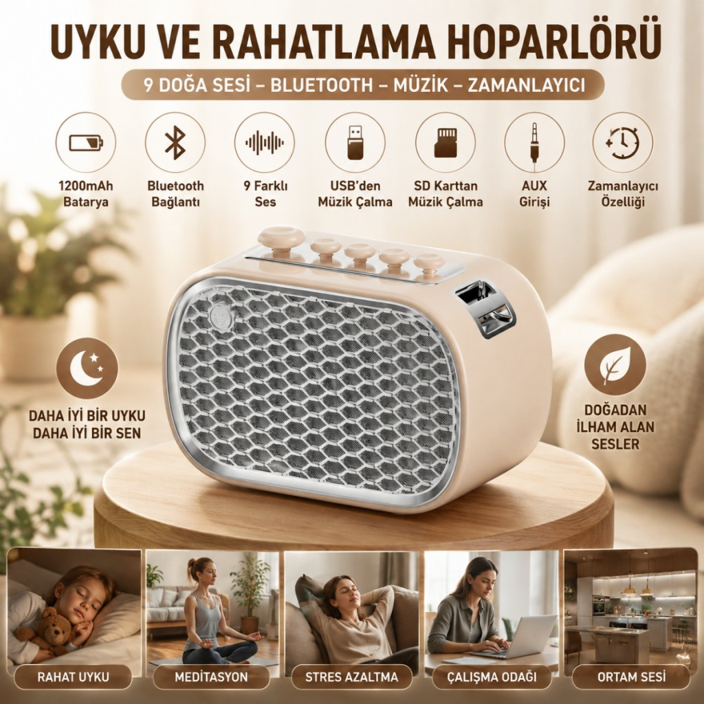 Polham 9 Sesli Uyku Hoparlörü Bluetooth 5.1v, 1200mAh Taşınabilir Rahatlama Cihazı Zamanlayıcı, USB SD Kart AUX 
