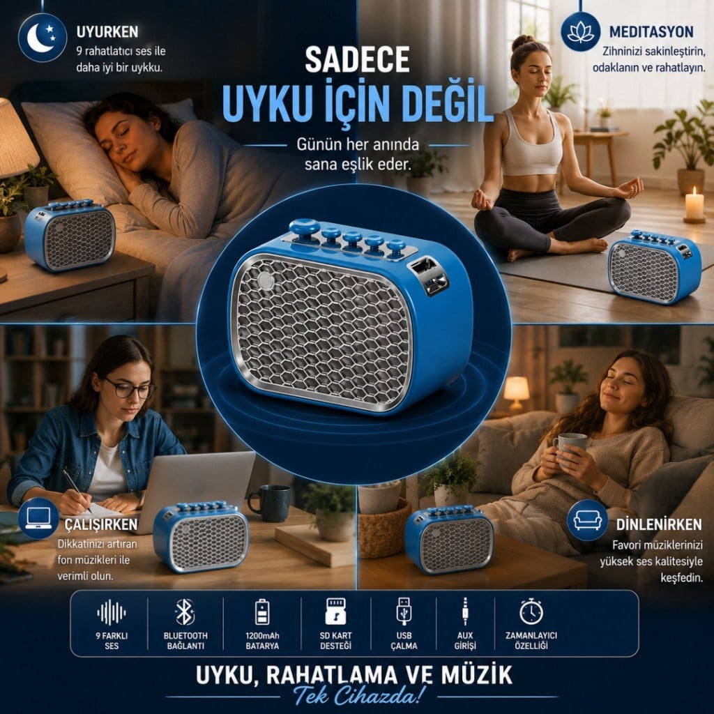 Polham 9 Sesli Uyku Hoparlörü Bluetooth 5.1v, 1200mAh Taşınabilir Rahatlama Cihazı Zamanlayıcı, USB SD Kart AUX 
