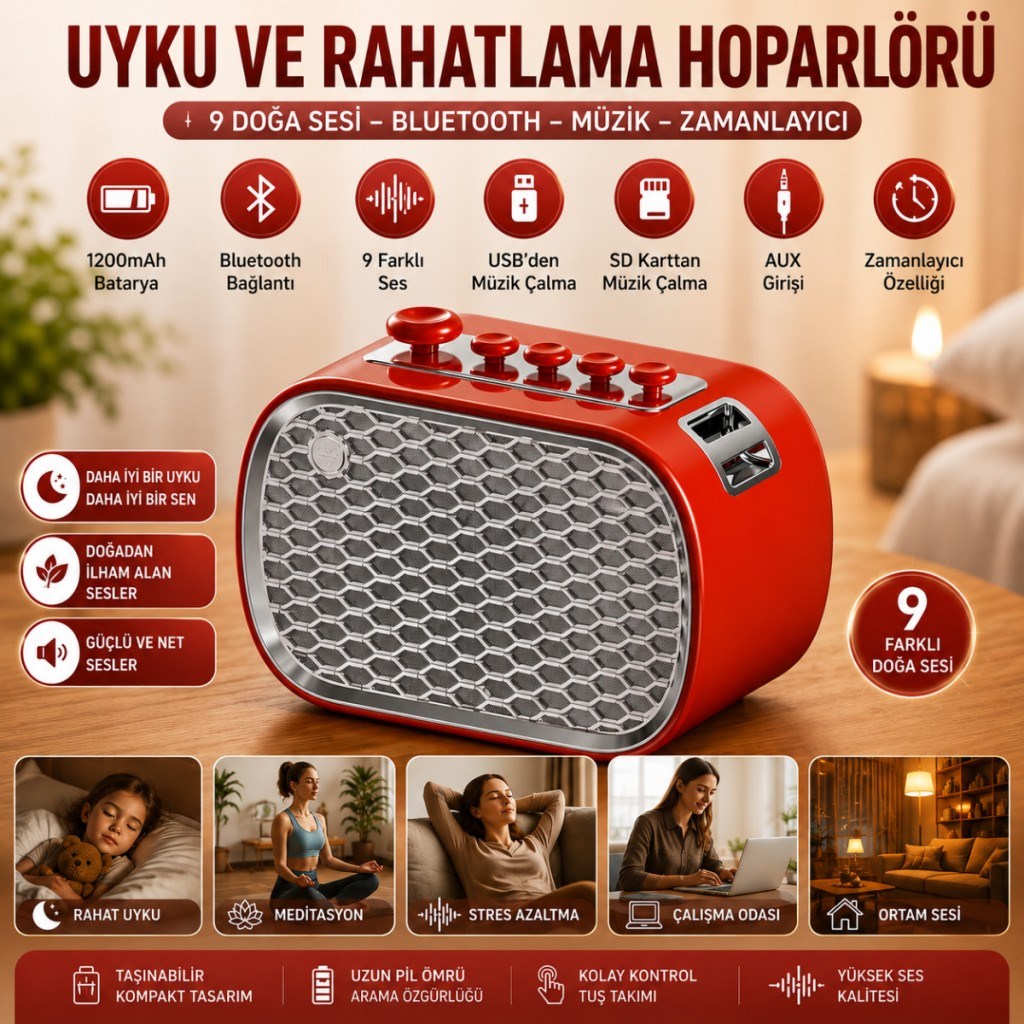 Polham 9 Sesli Uyku Hoparlörü Bluetooth 5.1v, 1200mAh Taşınabilir Rahatlama Cihazı Zamanlayıcı, USB SD Kart AUX 