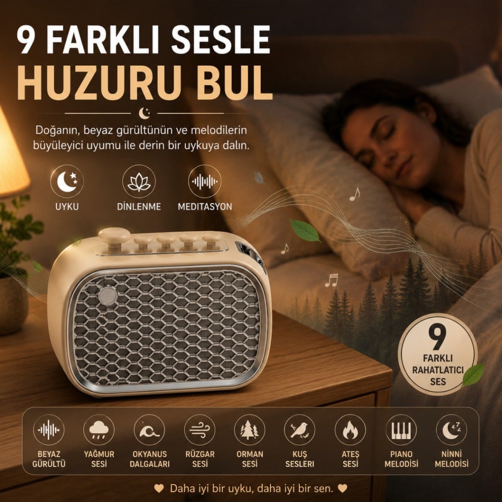 Polham 9 Sesli Uyku Hoparlörü Bluetooth 5.1v, 1200mAh Taşınabilir Rahatlama Cihazı Zamanlayıcı, USB SD Kart AUX 