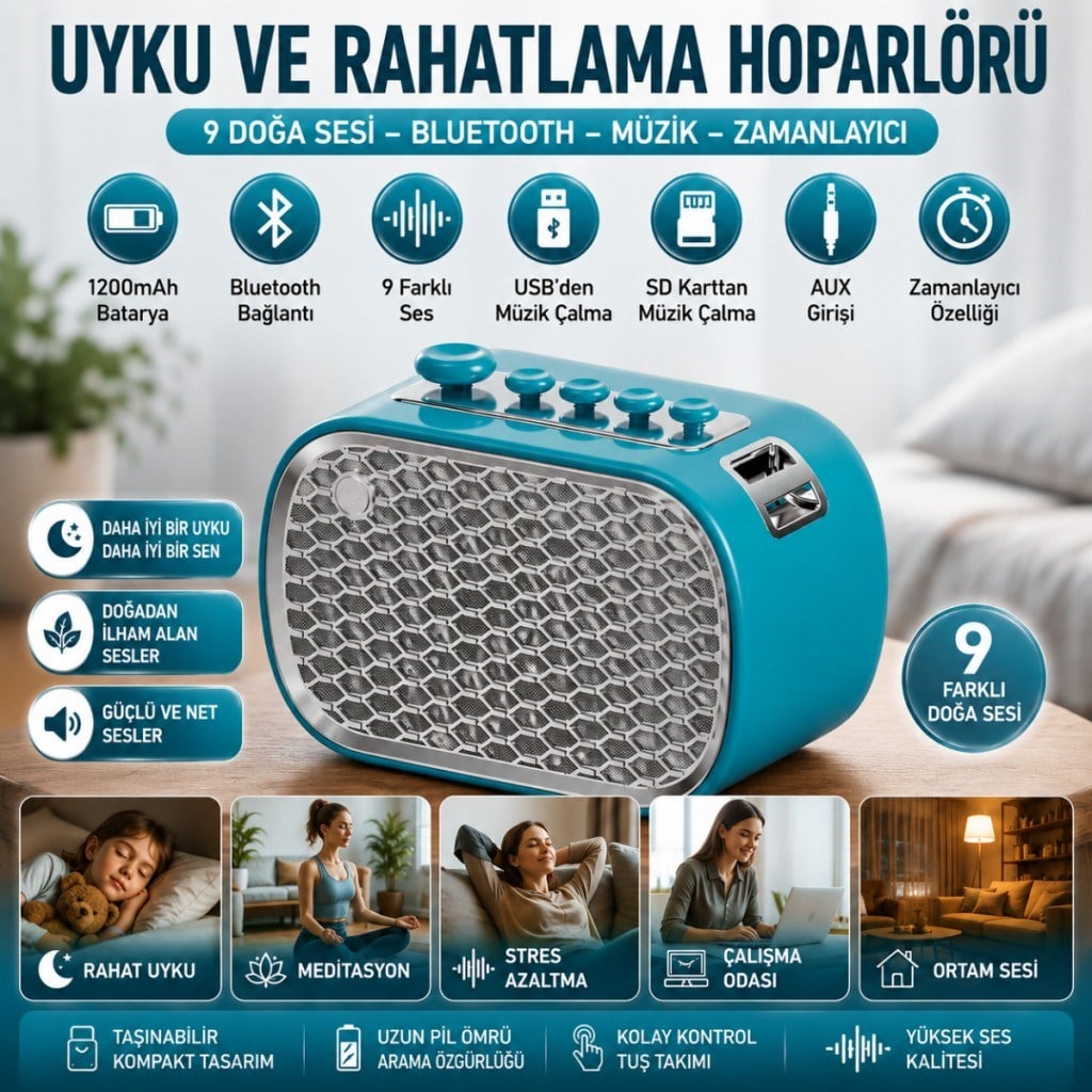 Polham 9 Sesli Uyku Hoparlörü Bluetooth 5.1v, 1200mAh Taşınabilir Rahatlama Cihazı Zamanlayıcı, USB SD Kart AUX 